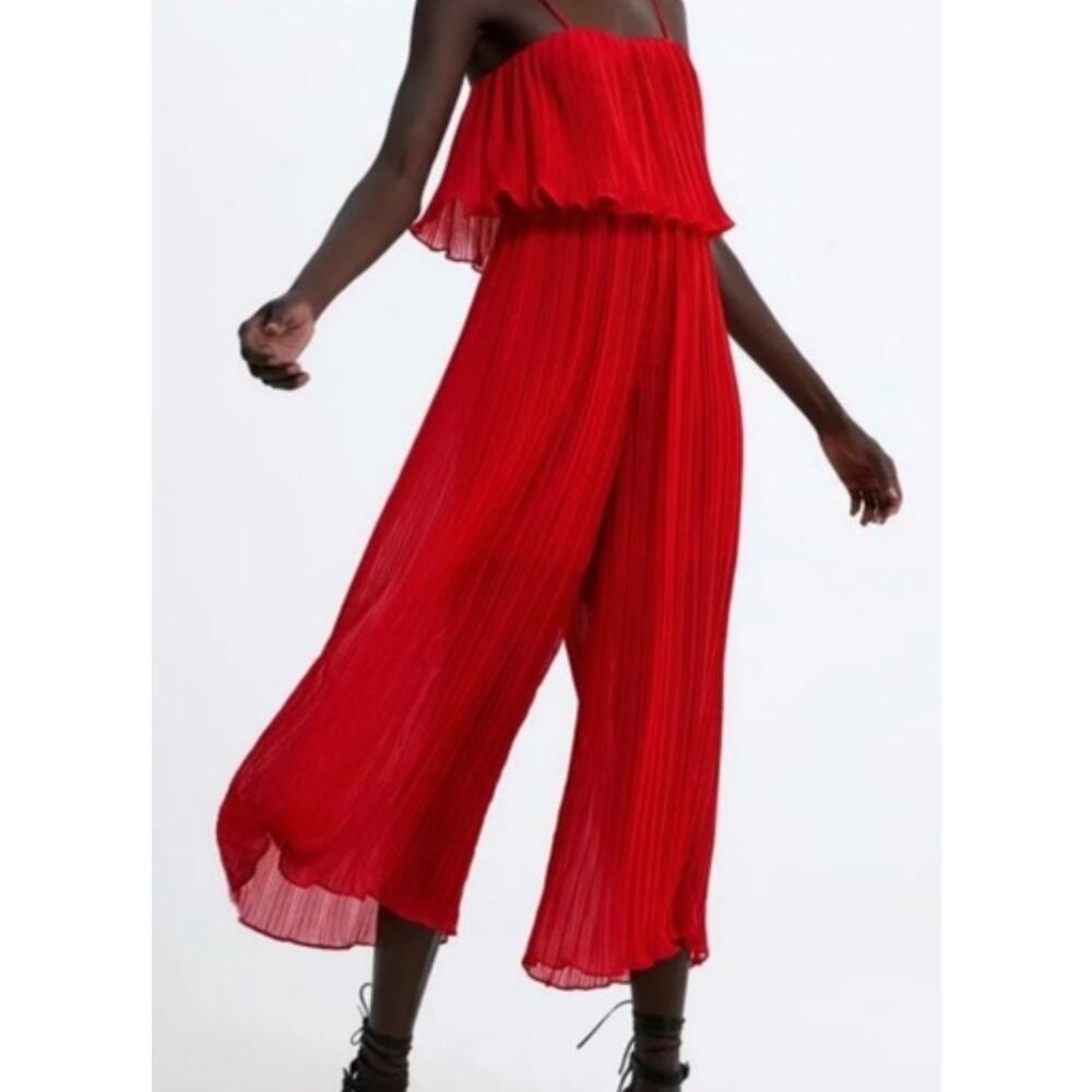 Zara Red Pleated Cropped Ruffled Pleated Jumpsuit Fun Colorful Dance Party